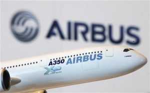A model of an Airbus A350 passenger plane is displayed at a news conference in Hong Kong