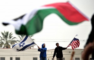 Israeli supporters (back) and Palestinia