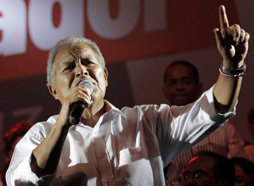 FMLN presidential candidate Sanchez Ceren gives a speech to his supporters, after official election results were released, in San Salvador