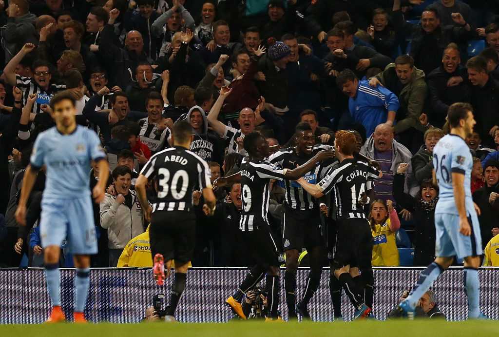 Newcastle United's Sissoko celebrates his goal against Manchester City with team mates during their English League Cup fourth round soccer match in Manchester