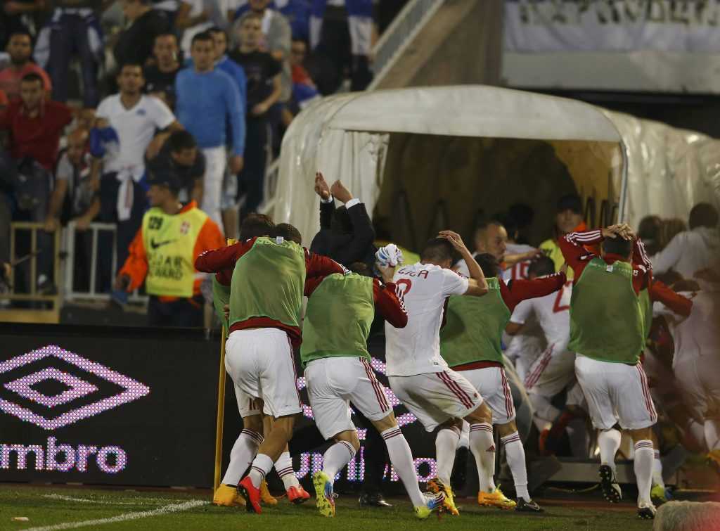 Albania's players retreat into the tunnel during their Euro 2016 Group I qualifying soccer match against Serbia at the FK Partizan stadium in Belgrade